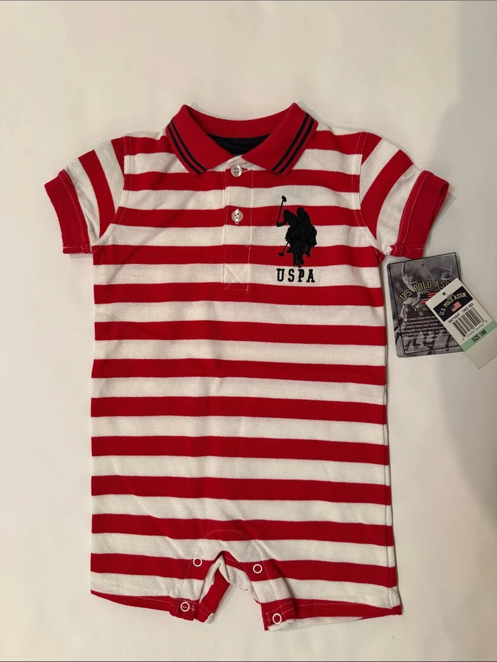 U.S. Polo Assn. Red & White Striped Polo Romper